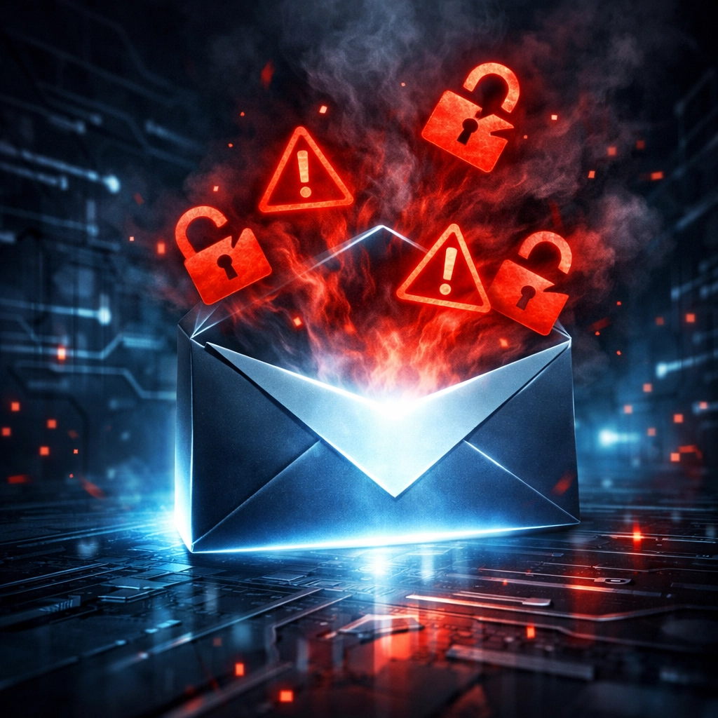 Phishing email with security warnings showing ransomware threat to small businesses