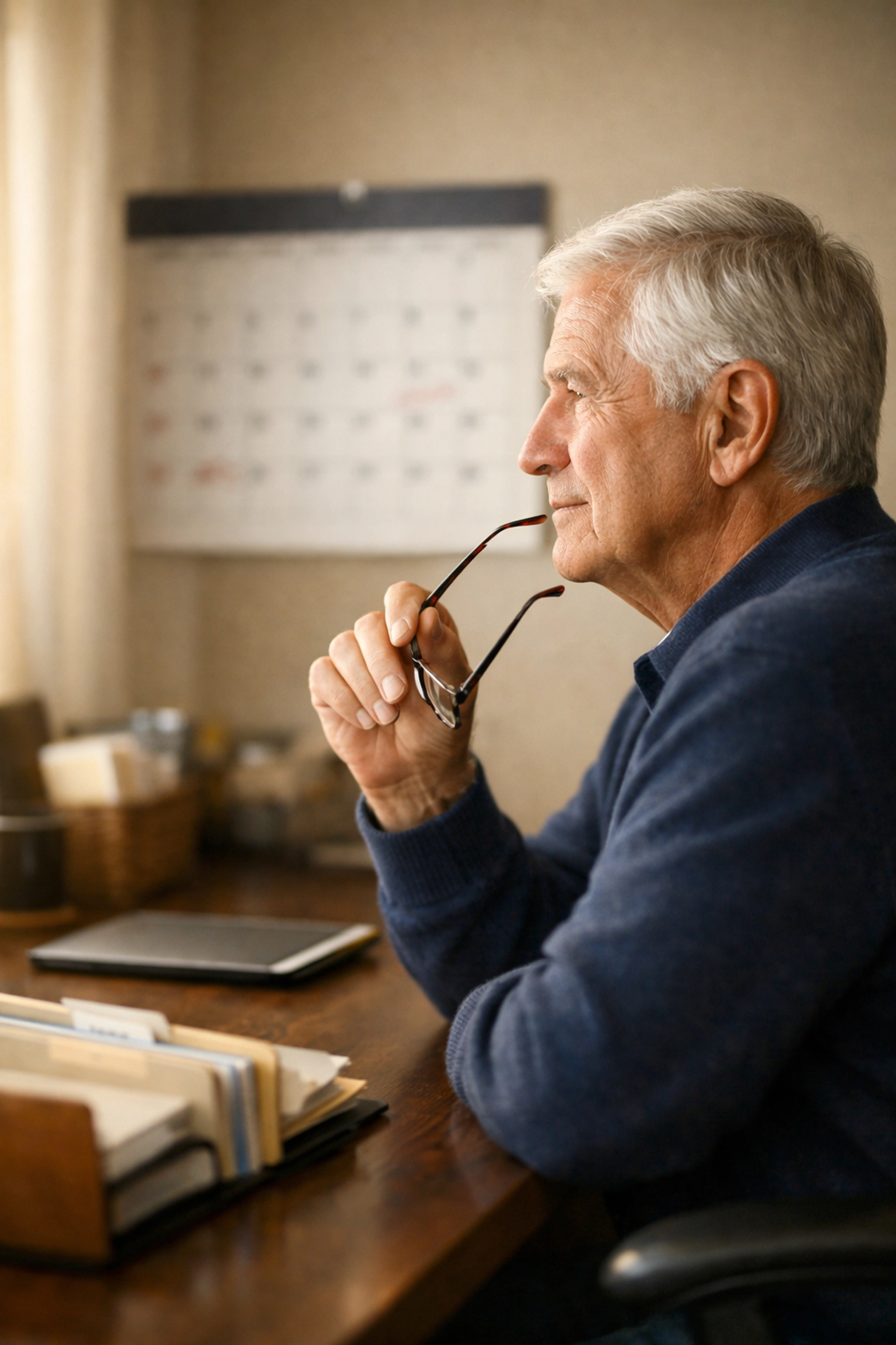 Senior reviewing tax planning calendar and financial documents for 2025-2028