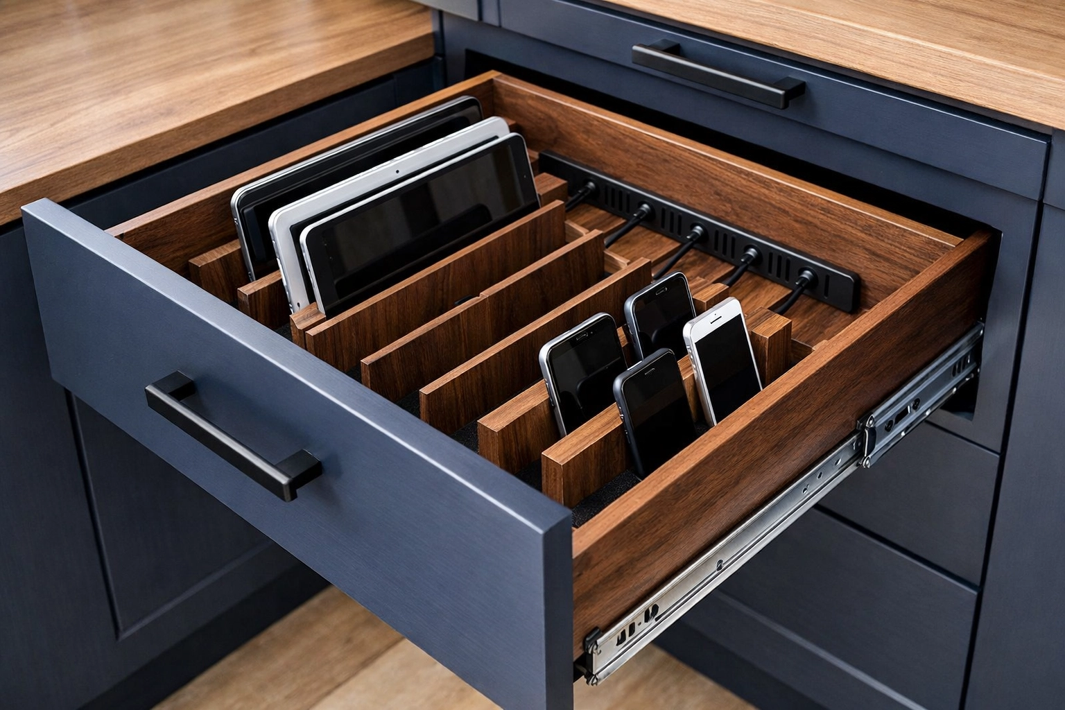 Custom office drawer with hidden charging station and walnut dividers for tech and supplies