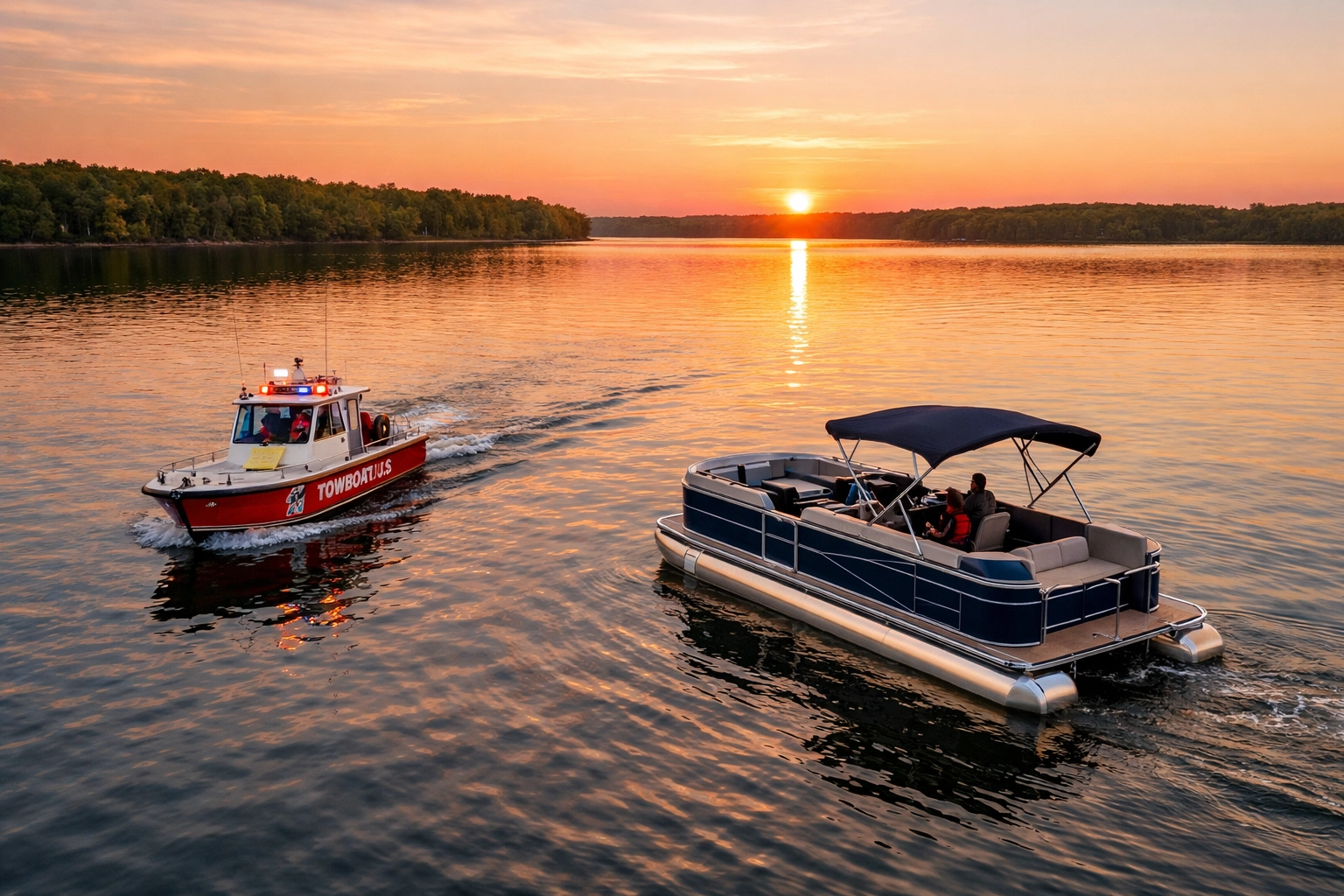 A maritime assistance tow boat helping a luxury pontoon boat on a calm lake at sunset.