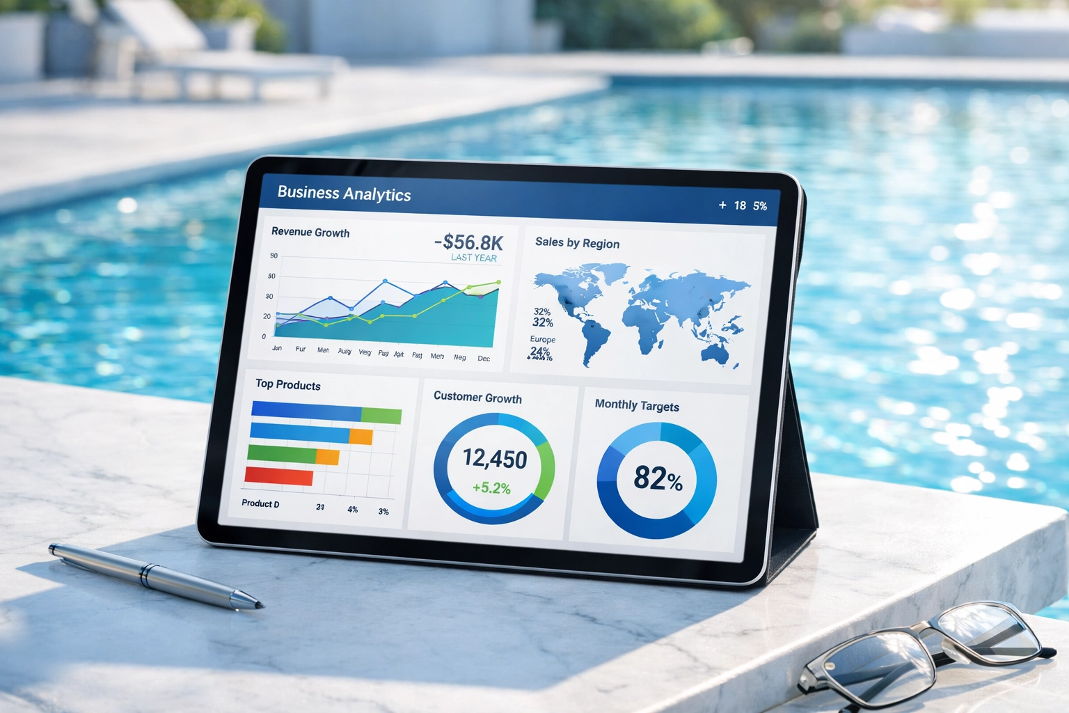 Digital dashboard on a tablet showing metrics for accurate pool route valuation by a pool.