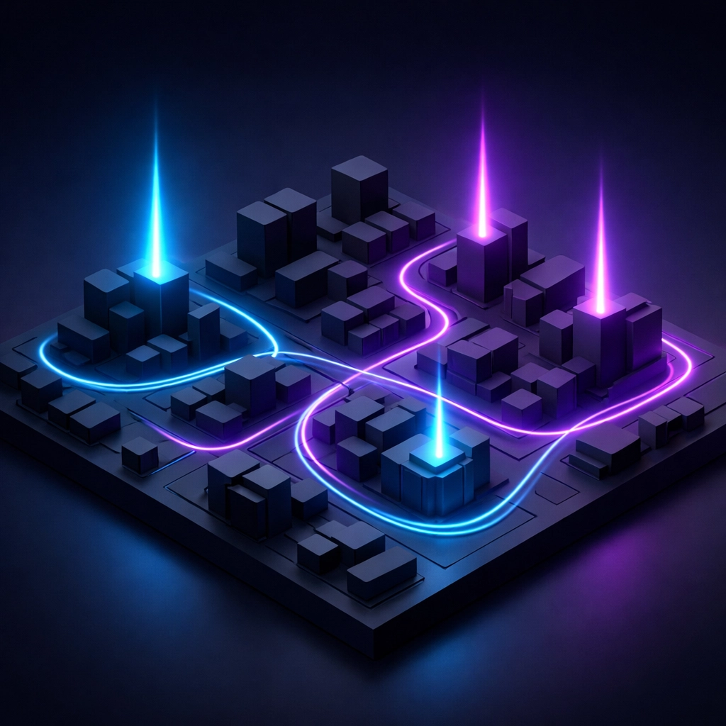 A digital map with neon markers showing local business citations and AI search visibility across a city.