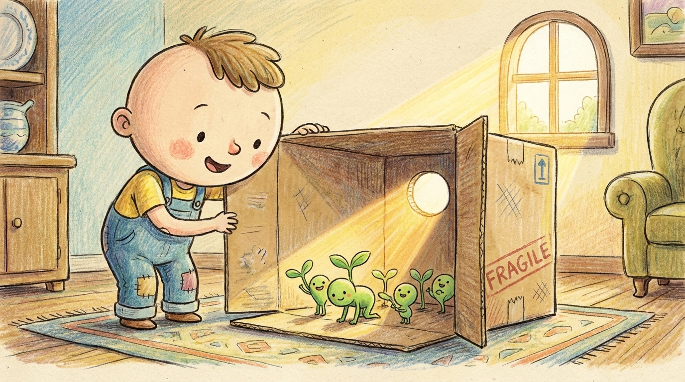 Whimsical illustration of seedlings bending toward light in a box, exploring plant phototropism with kids