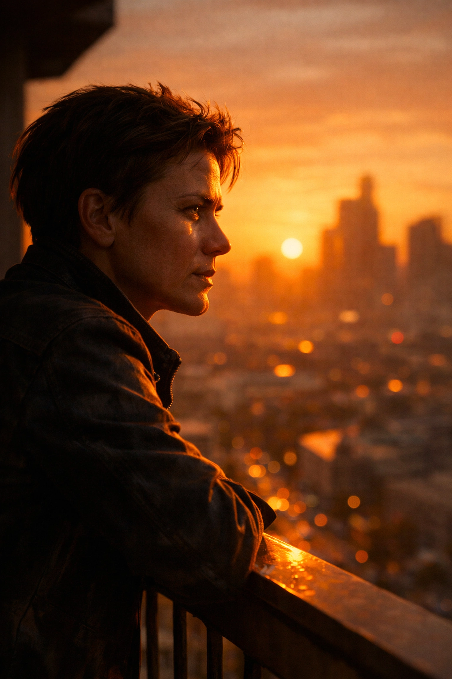 Resilient startup founder overlooking the city at sunrise, symbolizing the journey toward winning big.