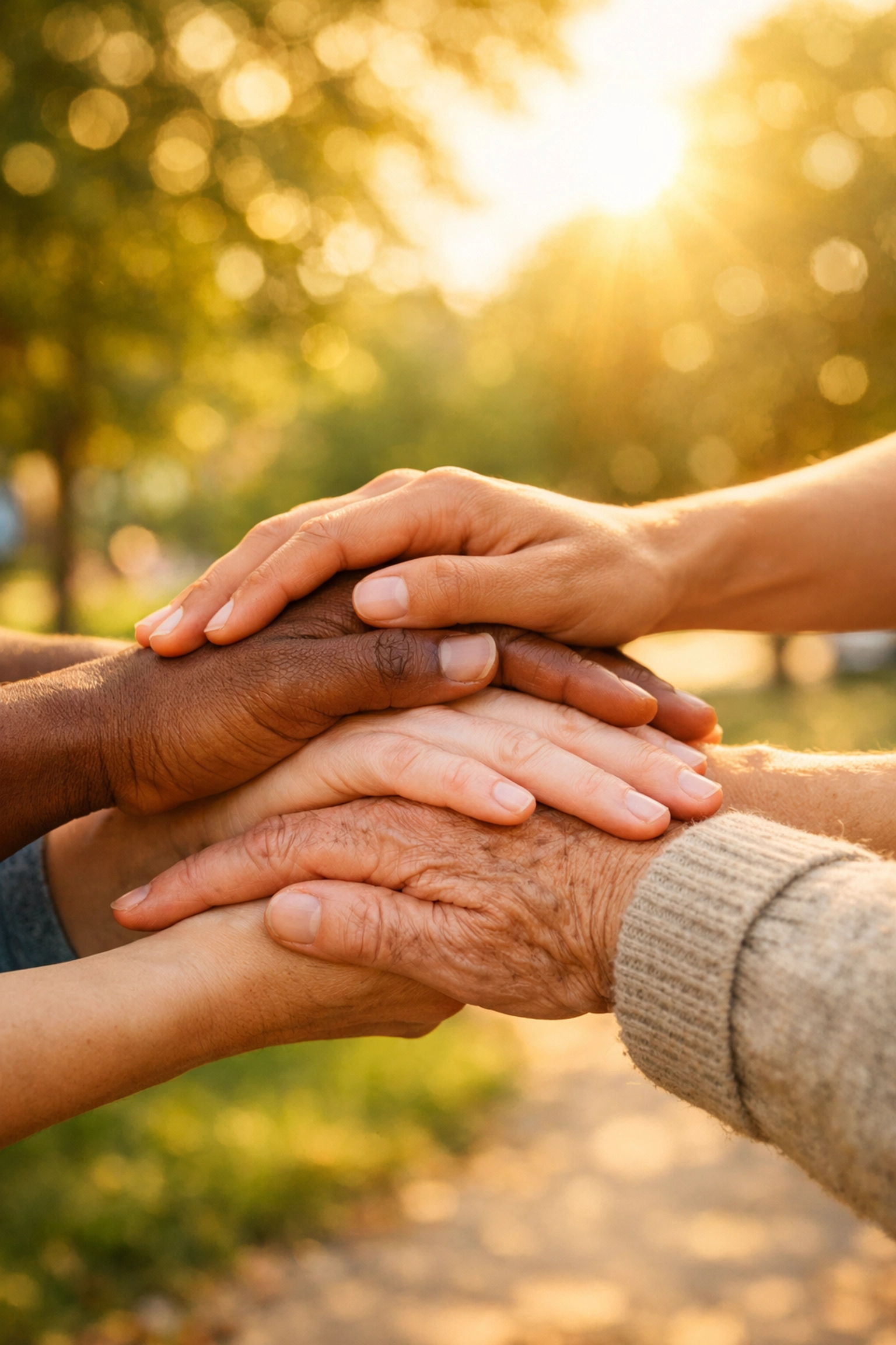 Diverse hands joined in unity representing whole-person mental health and integrated community care.