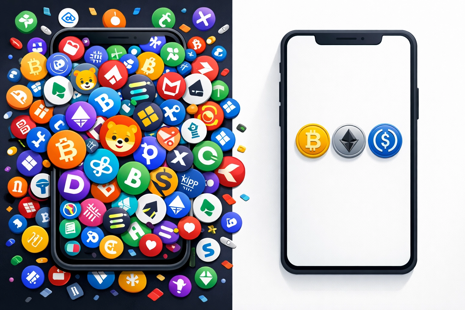 Cluttered crypto token selection versus streamlined three-coin payment interface