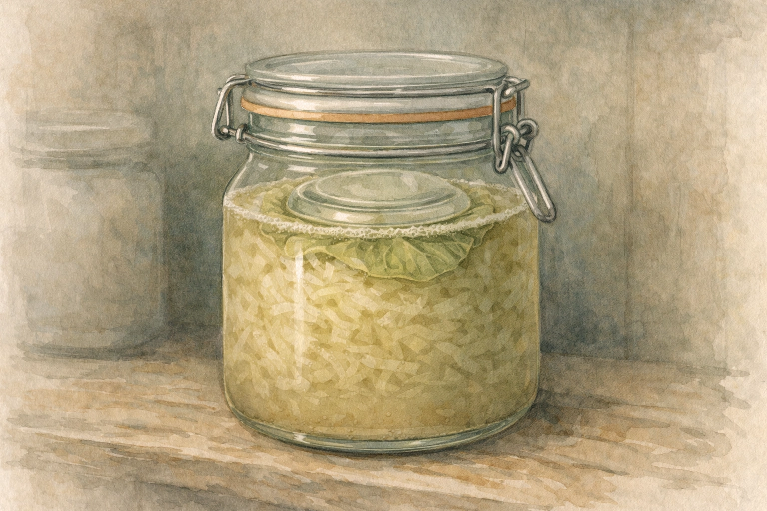 Fermenting sauerkraut with cabbage fully submerged below the brine line using a weight