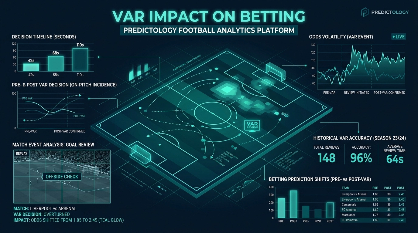 Professional football analytics dashboard showing Video Assistant Referees impact trends