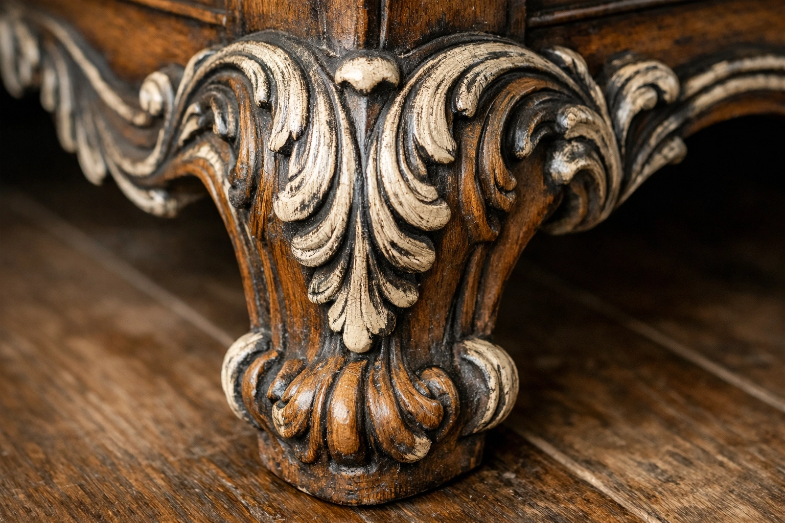 Ornate furniture leg featuring a professional three-color layering technique and aged textured finish.