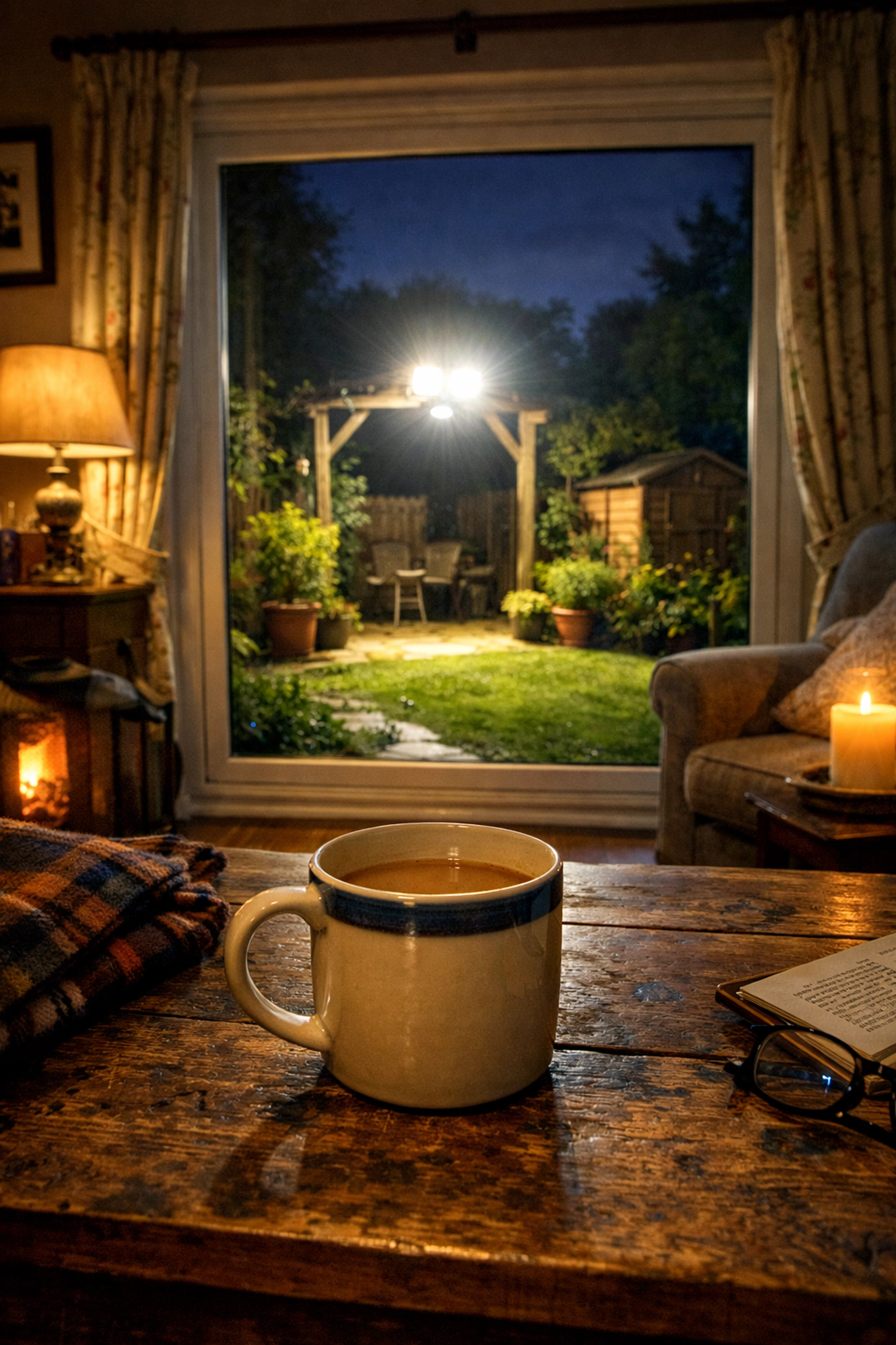 A bright motion-activated security floodlight illuminating a private Abingdon garden for peace of mind.