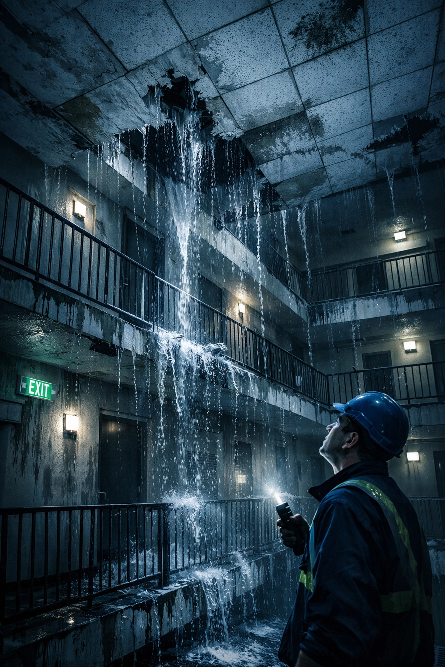 Water damage cascading through multiple floors of a high-rise apartment building