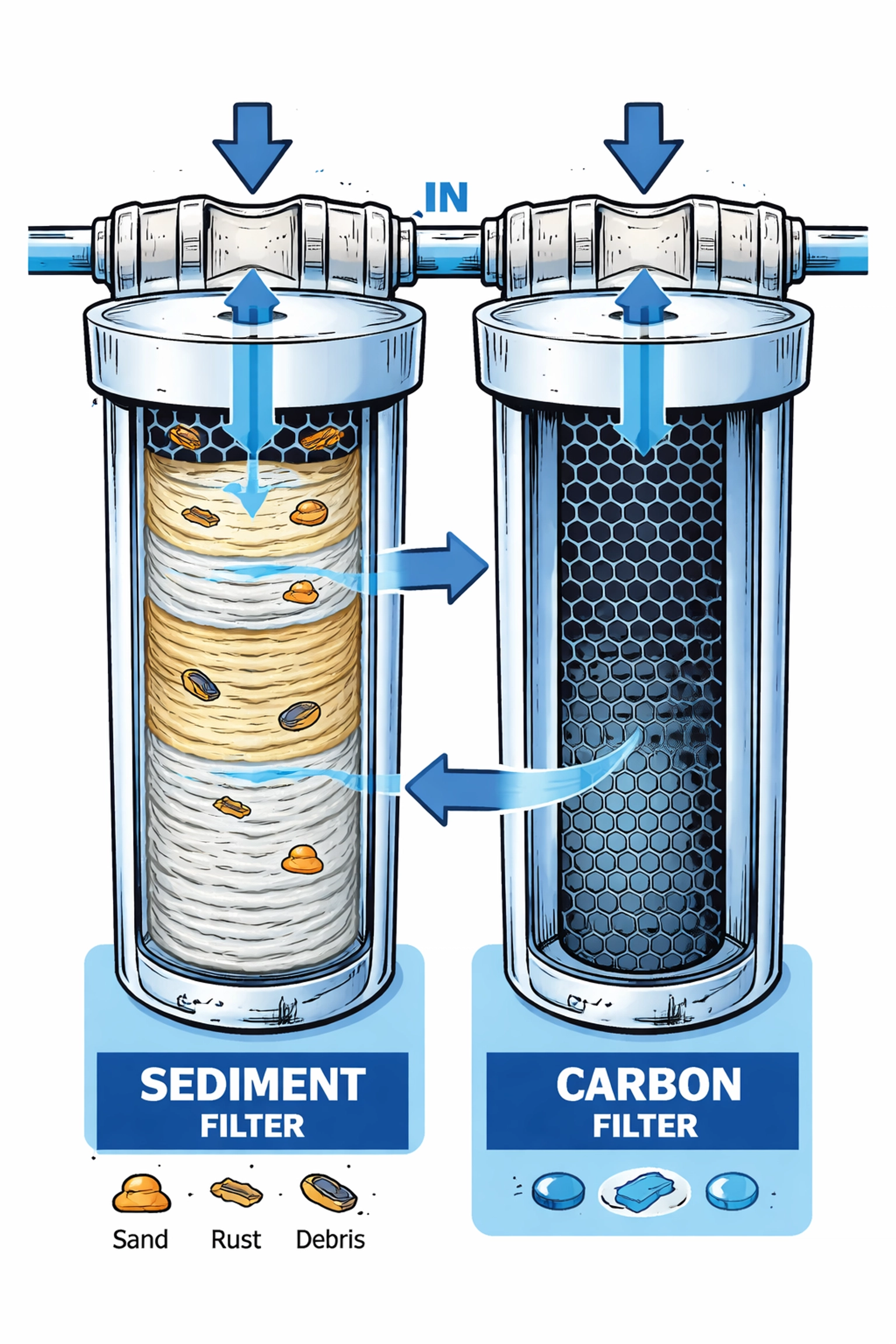 Graphic cross-section comparing sediment and carbon filter cartridges in an RV water filtration system