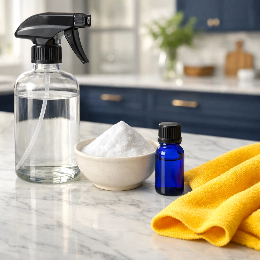 Baking soda and essential oil bottles on a marble counter for natural gym bag deodorizing.