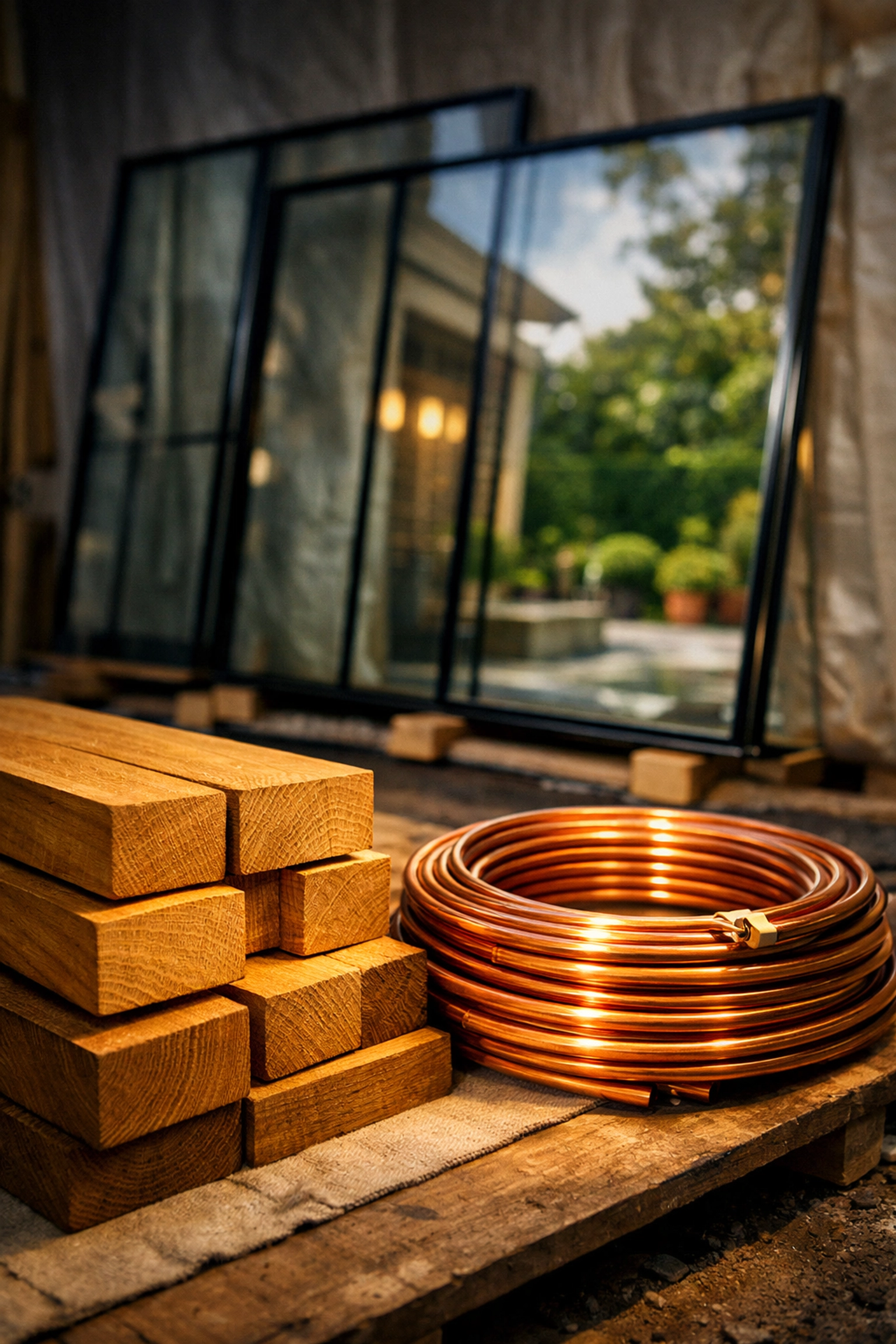 High-quality building materials like oak beams and copper piping stored securely on a construction site.