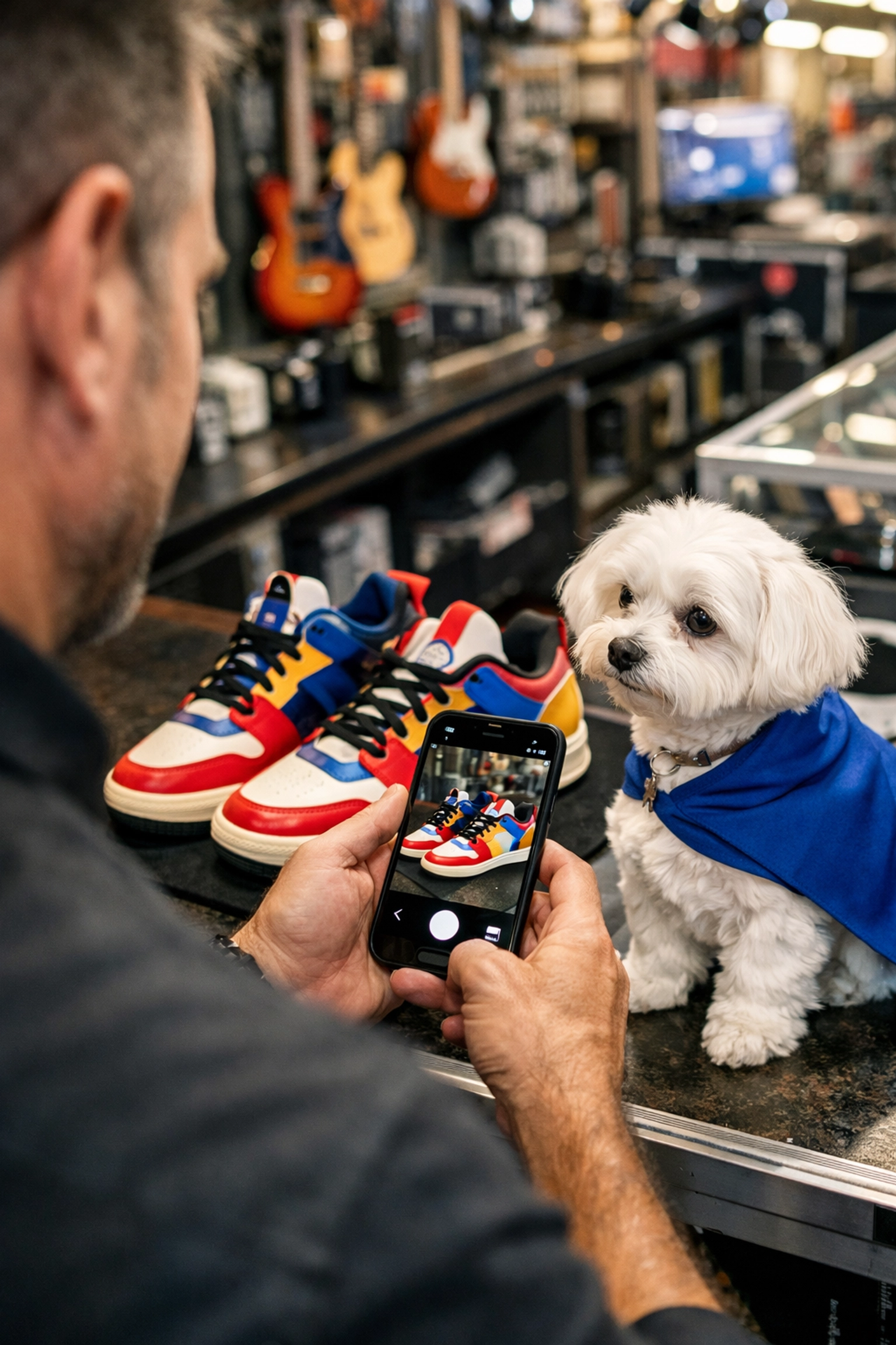 Pawn shop owner using a mobile app to authenticate limited-edition sneakers with expert review.