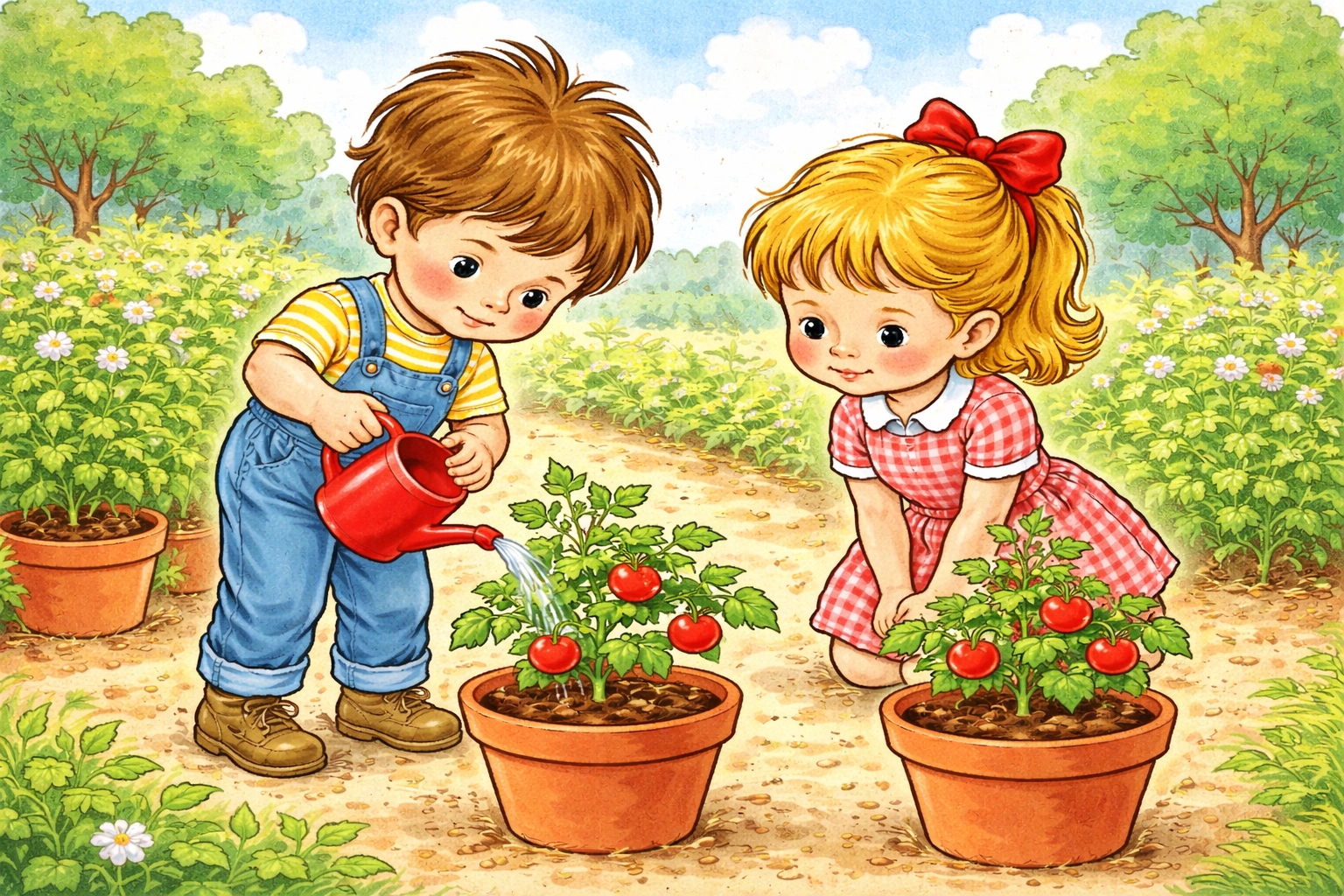 Two children watering tomato plants in a vegetable garden, learning daily responsibility and care