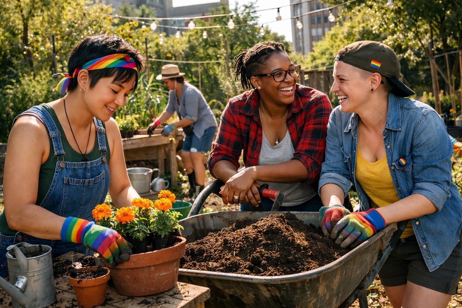A diverse group of queer women gardening together, building community in an urban green space.