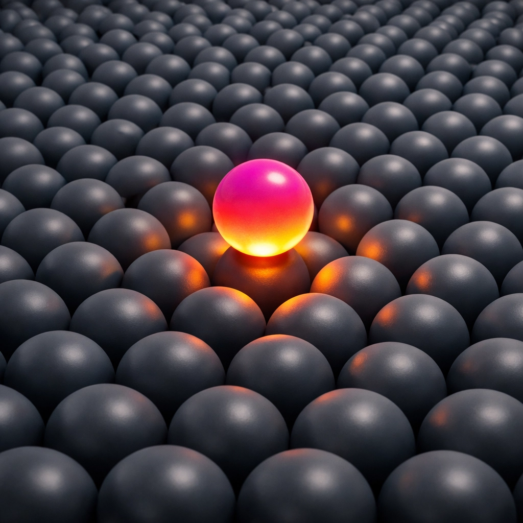 A glowing brand icon standing out from generic content to improve branded search visibility.