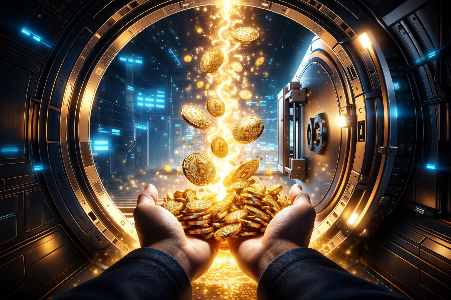 Digital vault opening with funds flowing directly to merchant hands, representing self-custody crypto payments