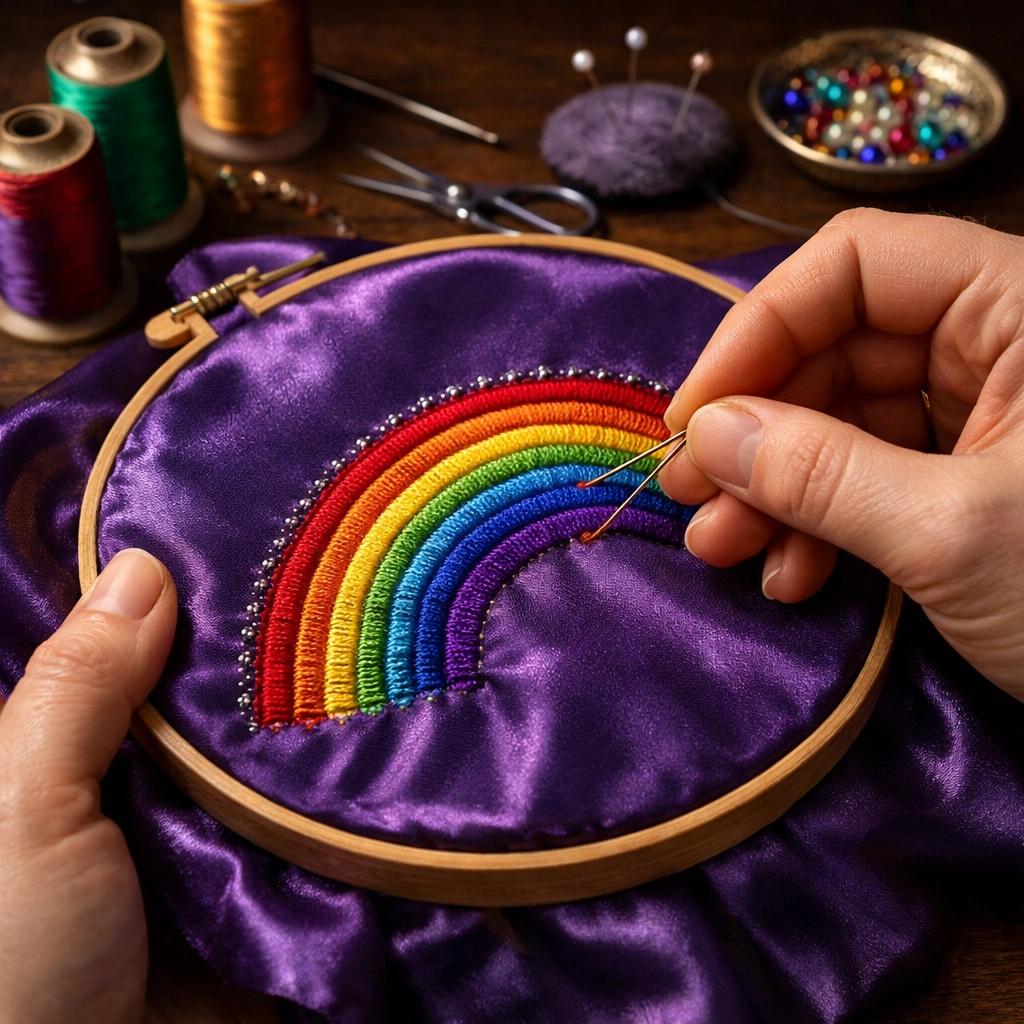 Hand embroidery work showing couture craftsmanship with rainbow thread on silk