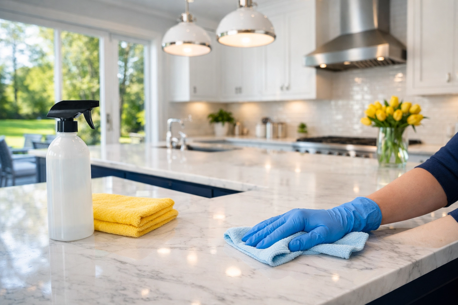 Professional cleaner wiping a kitchen counter in a Massachusetts home, perfect for cleaning services near me.