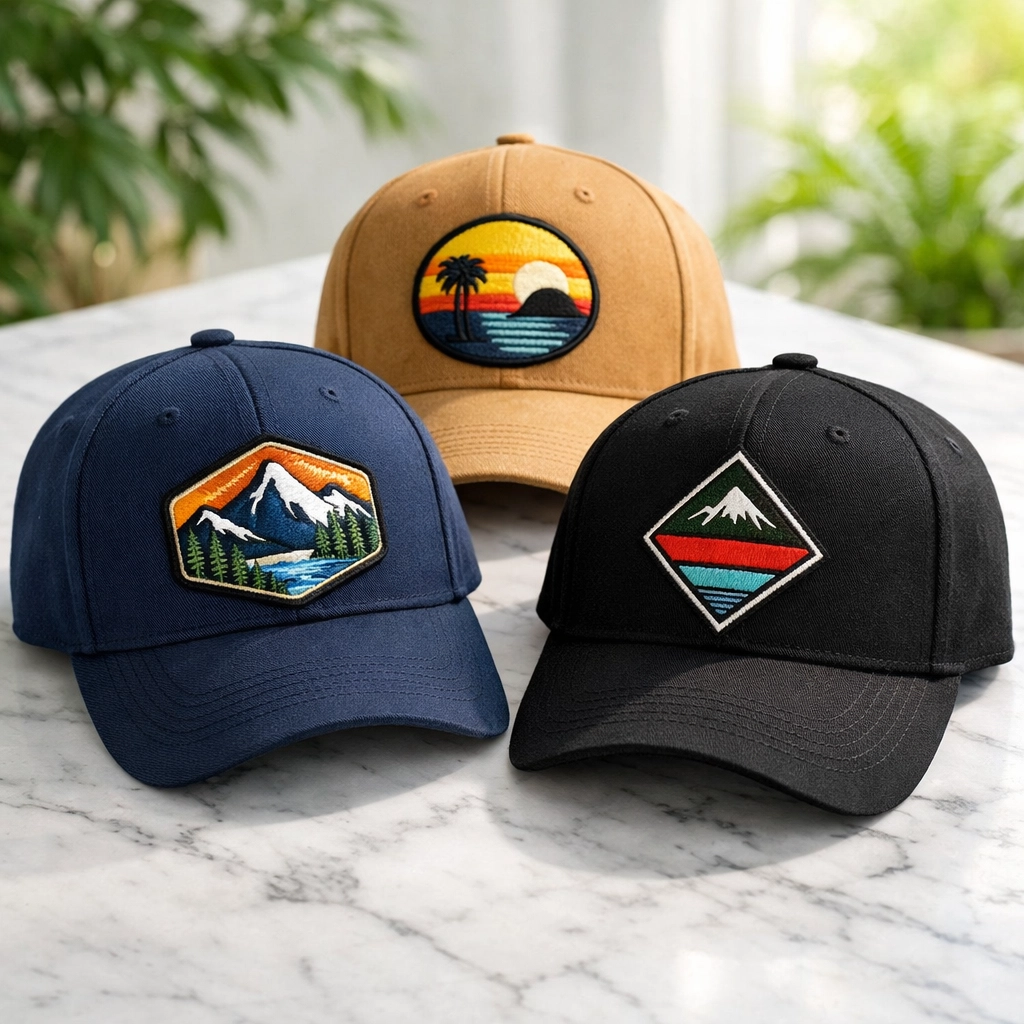 Baseball caps featuring custom embroidered patches in various designs