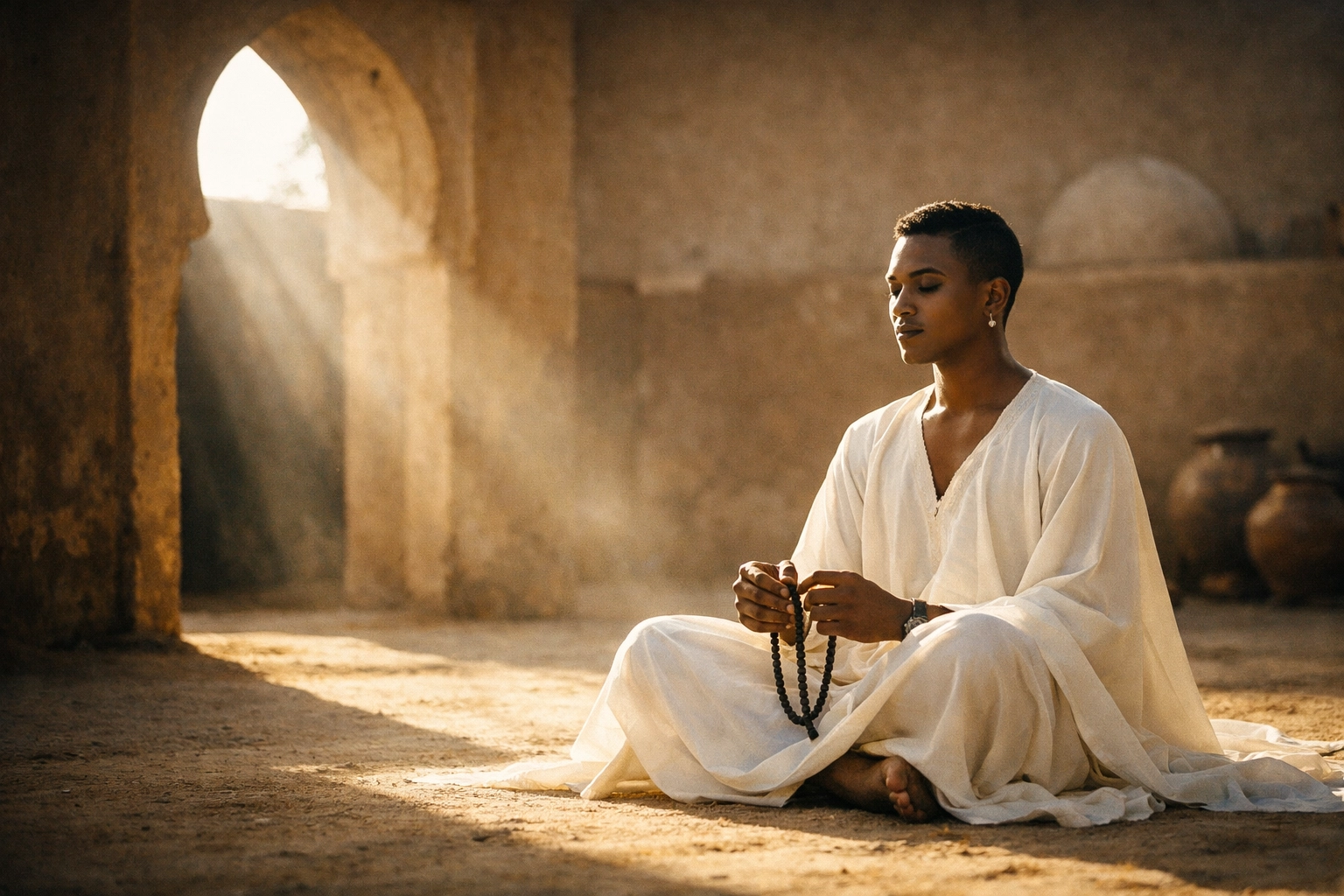 A 'Yan Daudu man in a courtyard with prayer beads, showing the link between faith and queer identity in Africa.