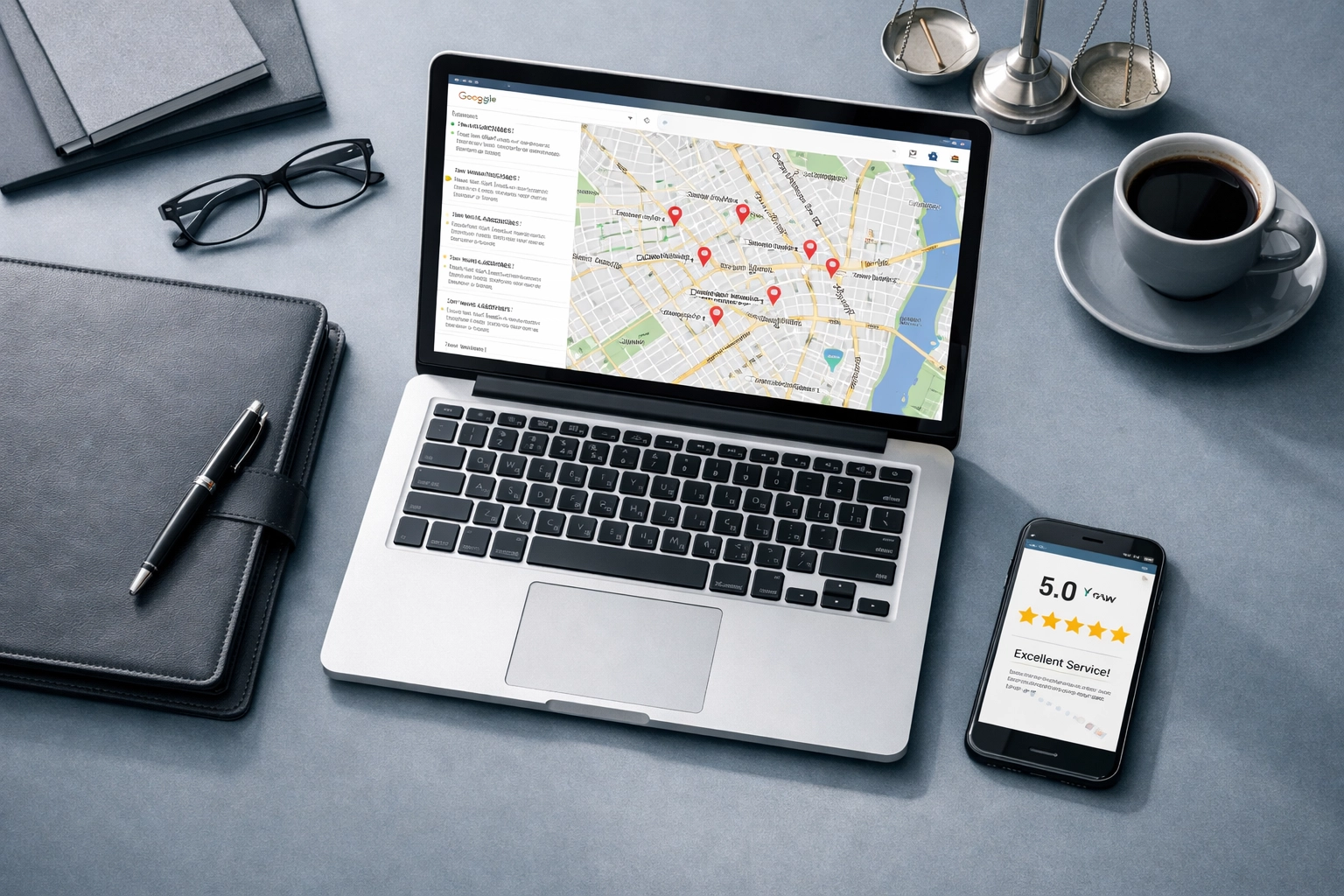 Family law attorney desk with Google Maps and client reviews displayed on laptop
