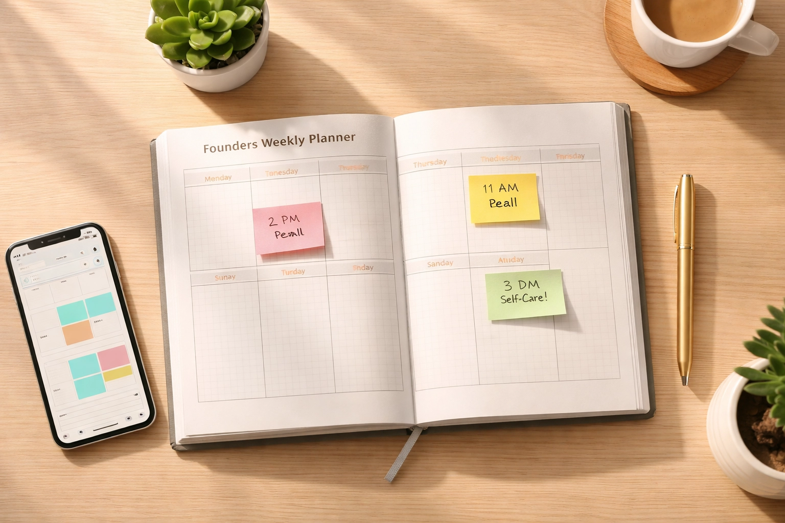 Founder’s weekly planner with peer support and self-care tasks, showing how to organise a strong founder support system