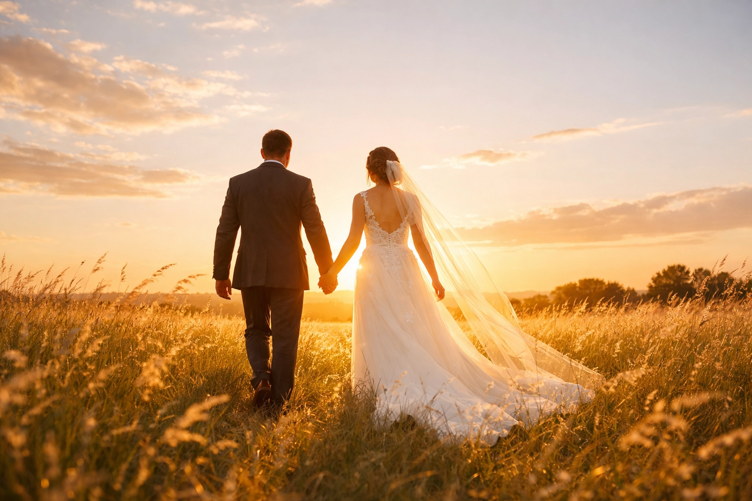 Bride and groom walking toward the sunset symbolizing a debt-free wedding and a strong financial future.