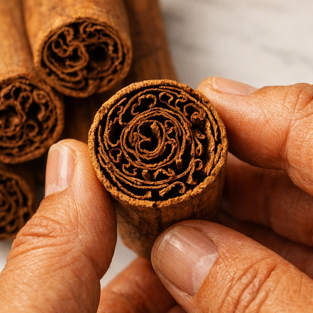Cross-section of Ceylon cinnamon quills revealing the multi-layered cigar structure of true cinnamon.