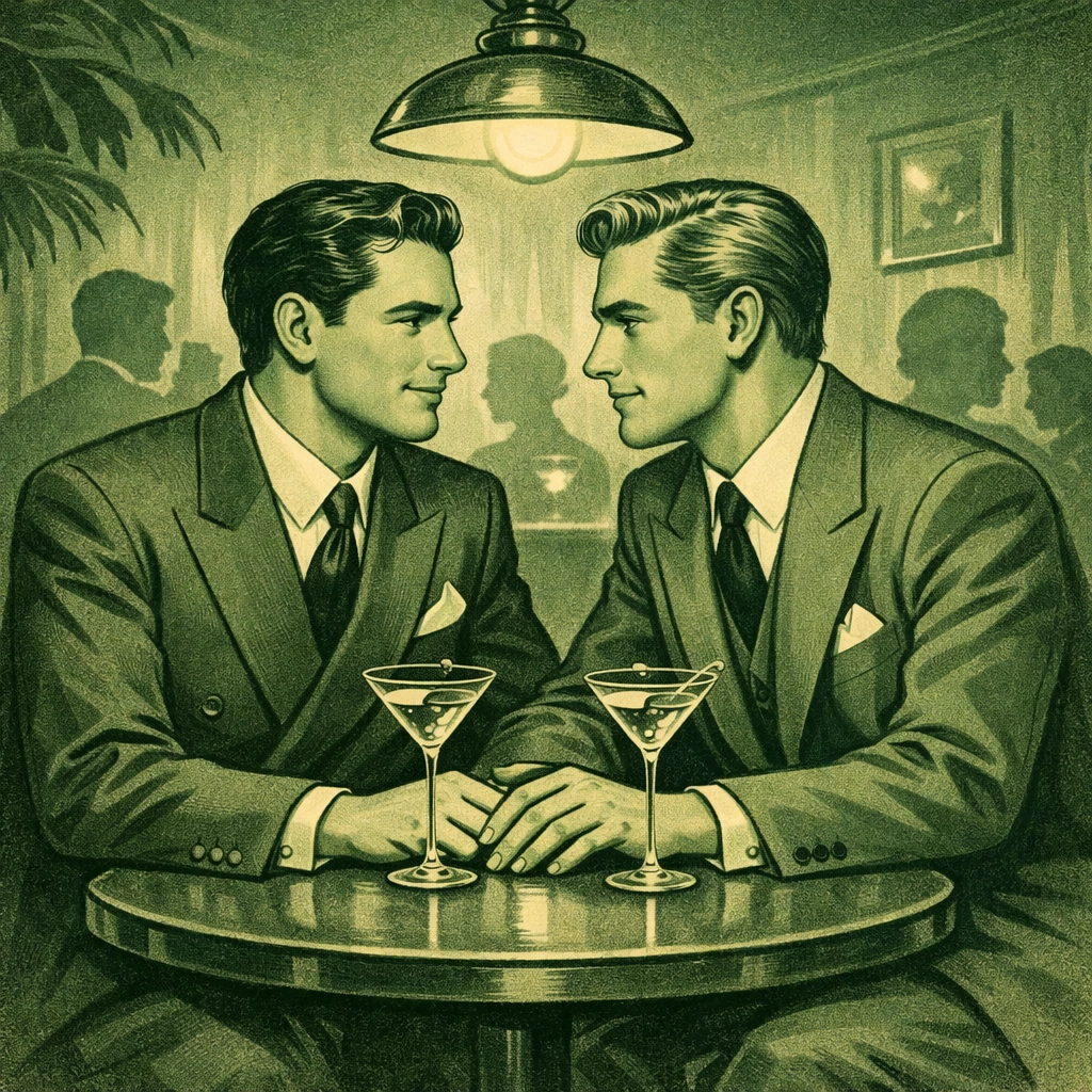 Gay couple sharing martinis at 1940s vintage cocktail lounge