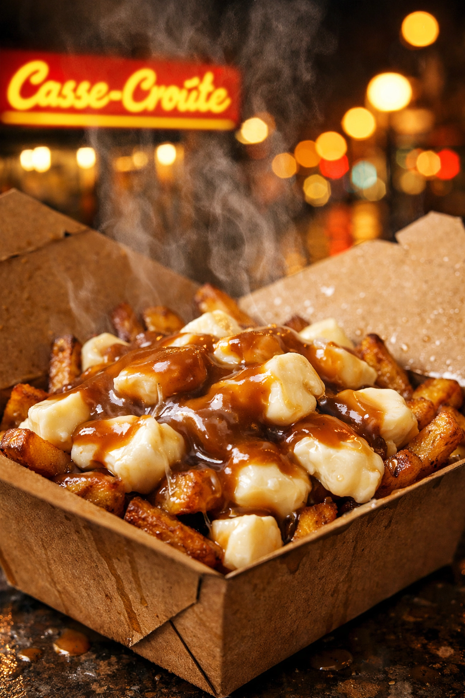 Close-up of a classic Montreal poutine with fresh cheese curds and gravy in a takeout container at night.