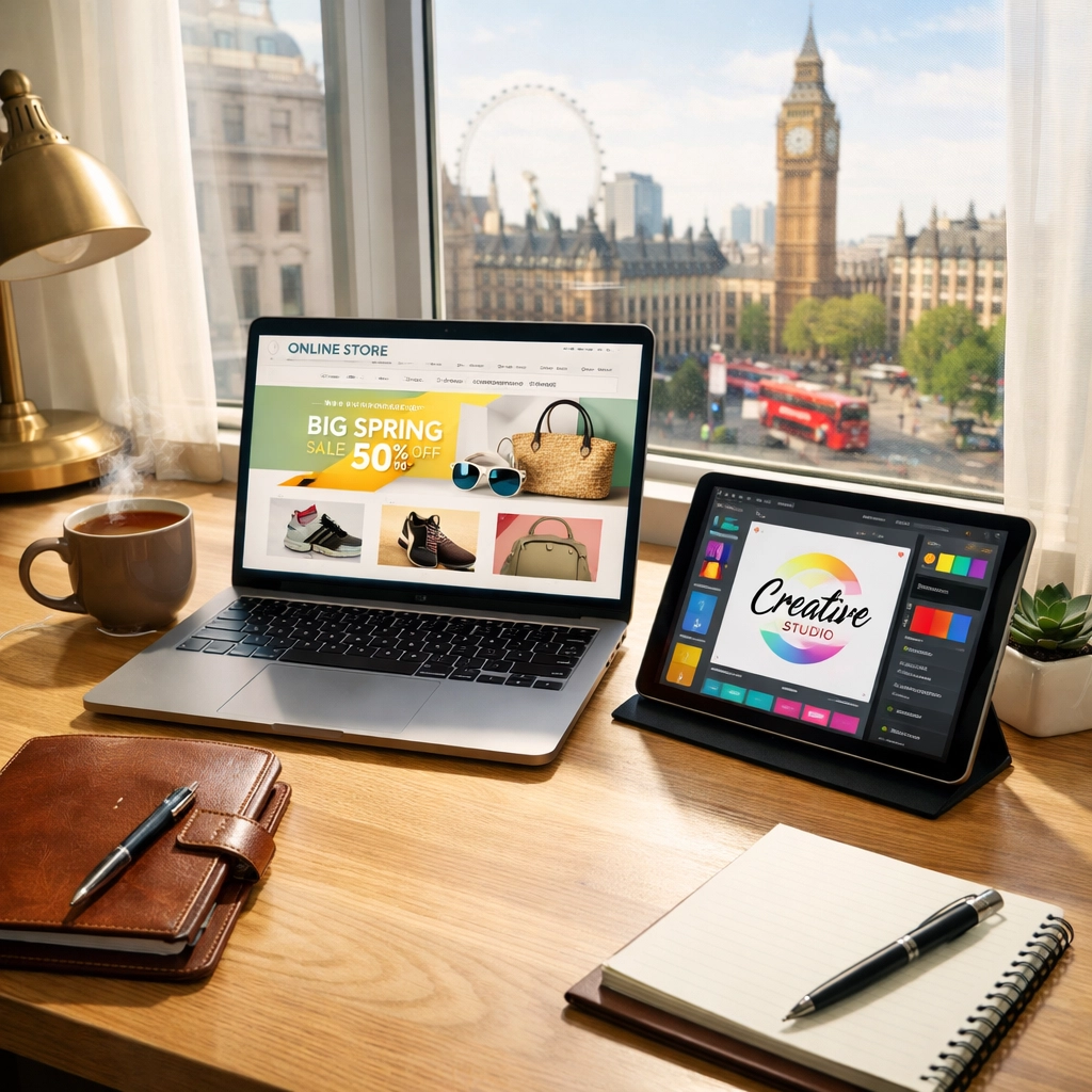 Professional London home office desk with a laptop displaying a vibrant UK e-commerce store.