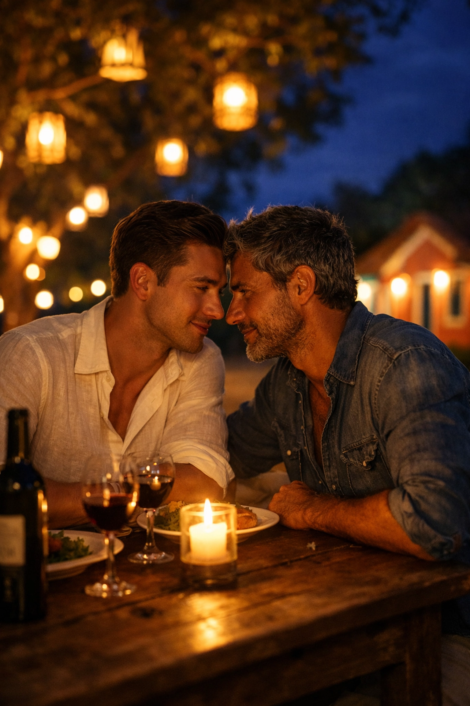 An intimate gay couple enjoying a candlelit dinner in the historic Quadrado, a popular trope in gay romance novels.
