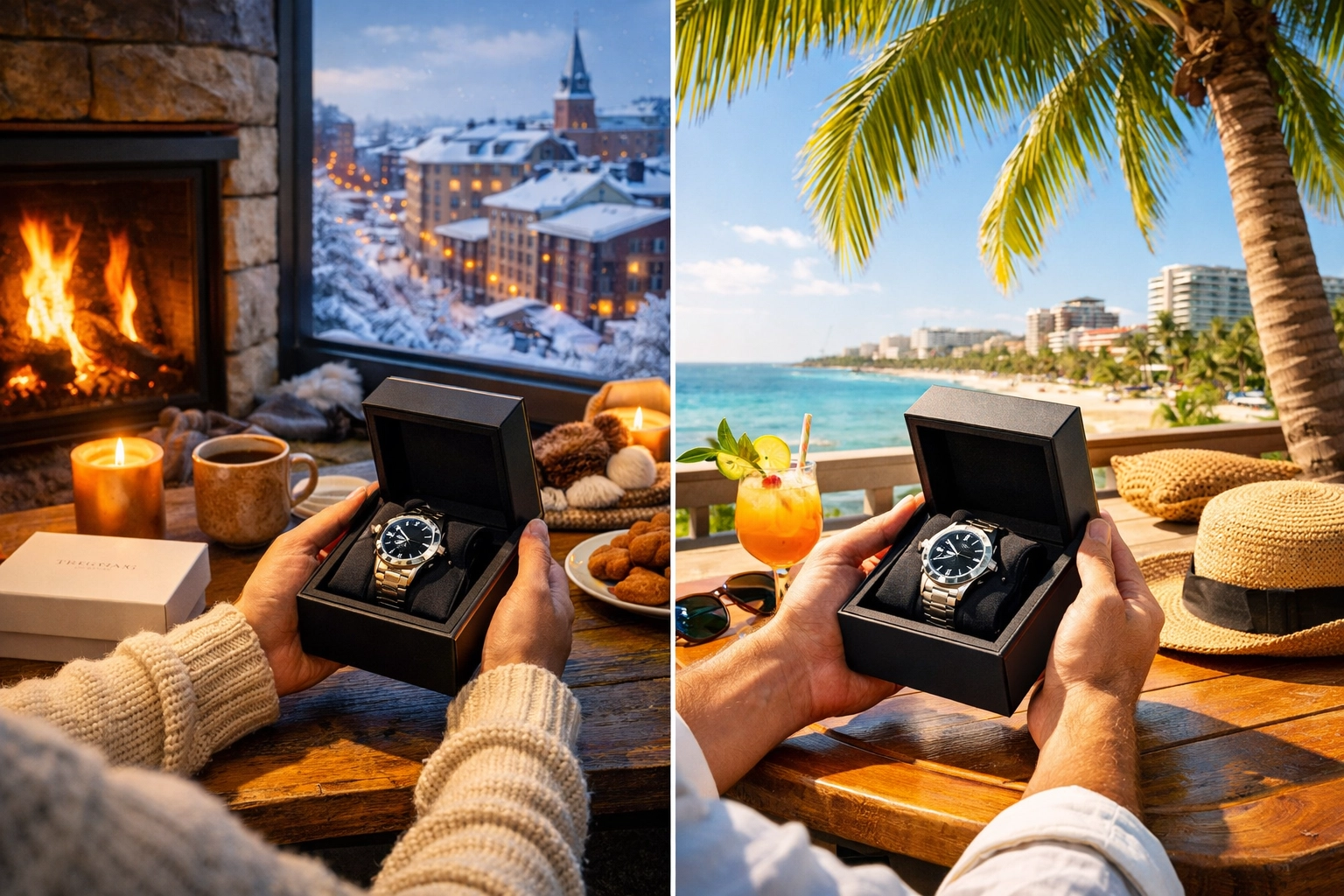 Split screen showing localized product unboxing in different international climates for cross-border sales.