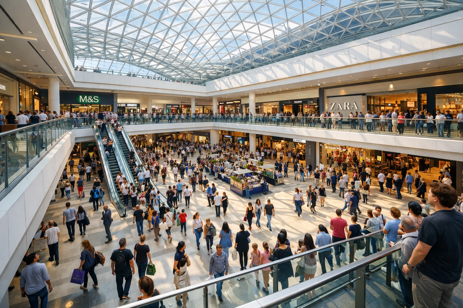 A high-capacity UK shopping mall atrium illustrating the scale of Martyn's Law venue requirements.