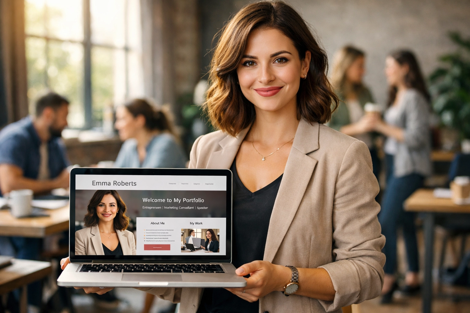 Professional woman presenting personal brand portfolio in modern workplace training environment