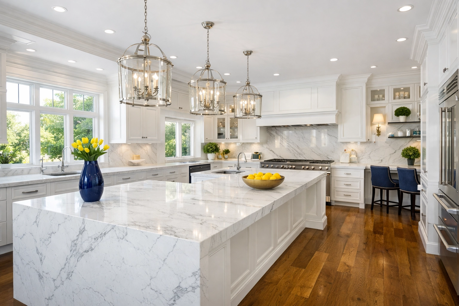 Luxury Dover kitchen with marble islands, cleaned to the highest residential cleaning Massachusetts standards.