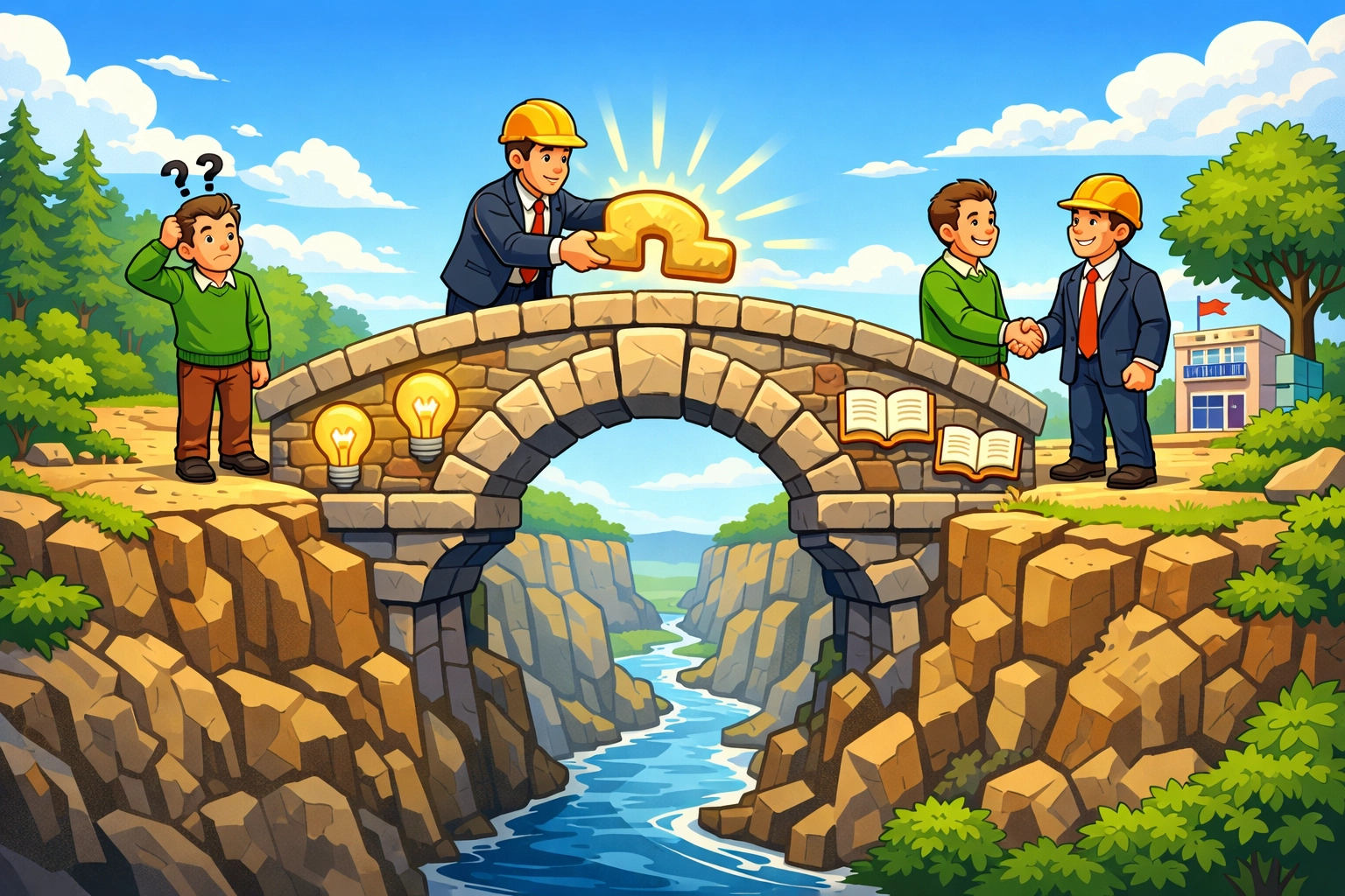 Illustration of a bridge connecting prospects to business owners, representing higher lead conversion rates.