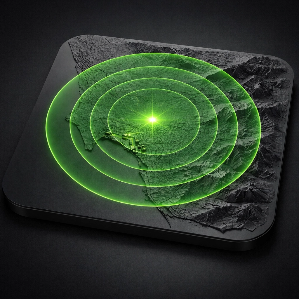 San Diego map with a neon green radial pulse highlighting the electrician service coverage area.