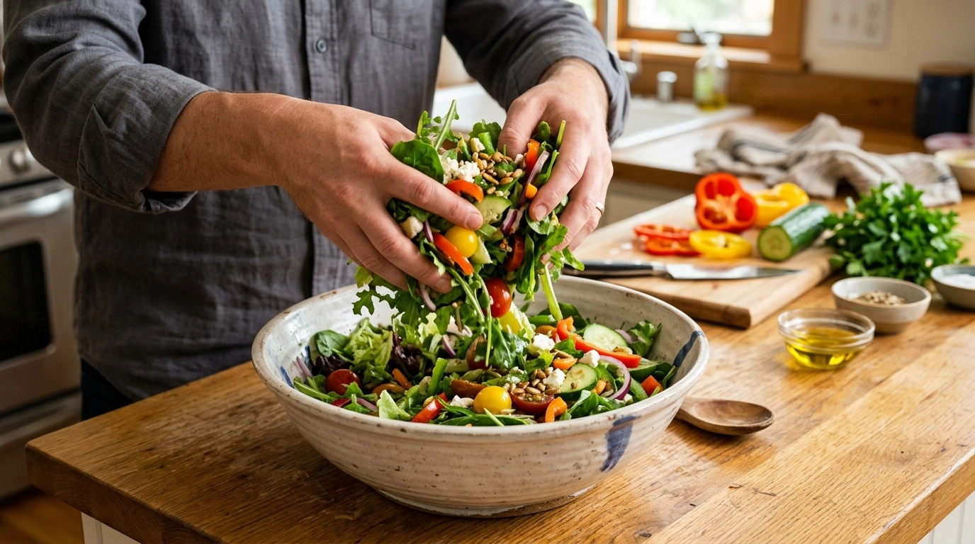 Hands tossing a fresh salad