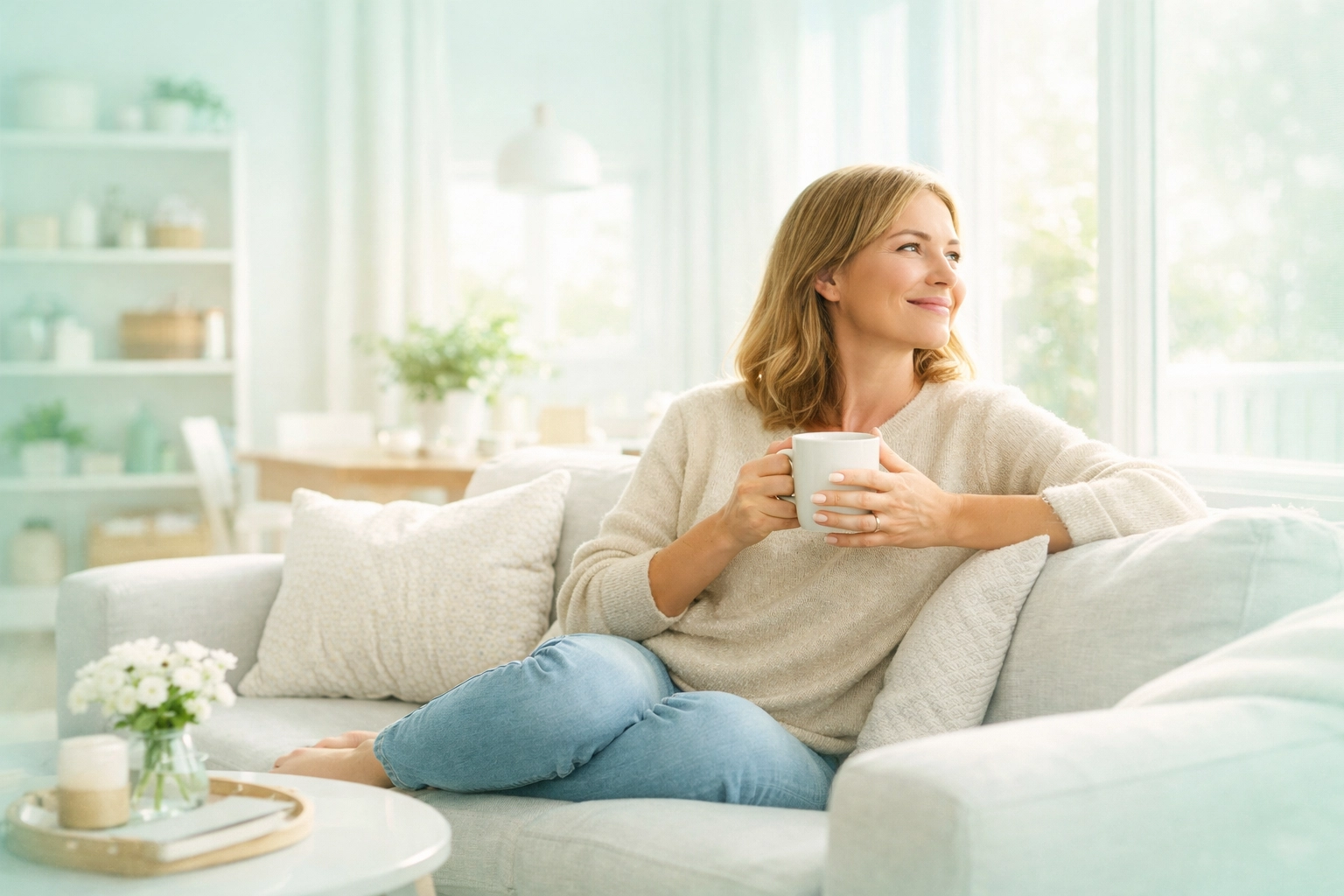 Homeowner enjoying peace of mind in a sparkling home following a professional house cleaning Waterloo Iowa.