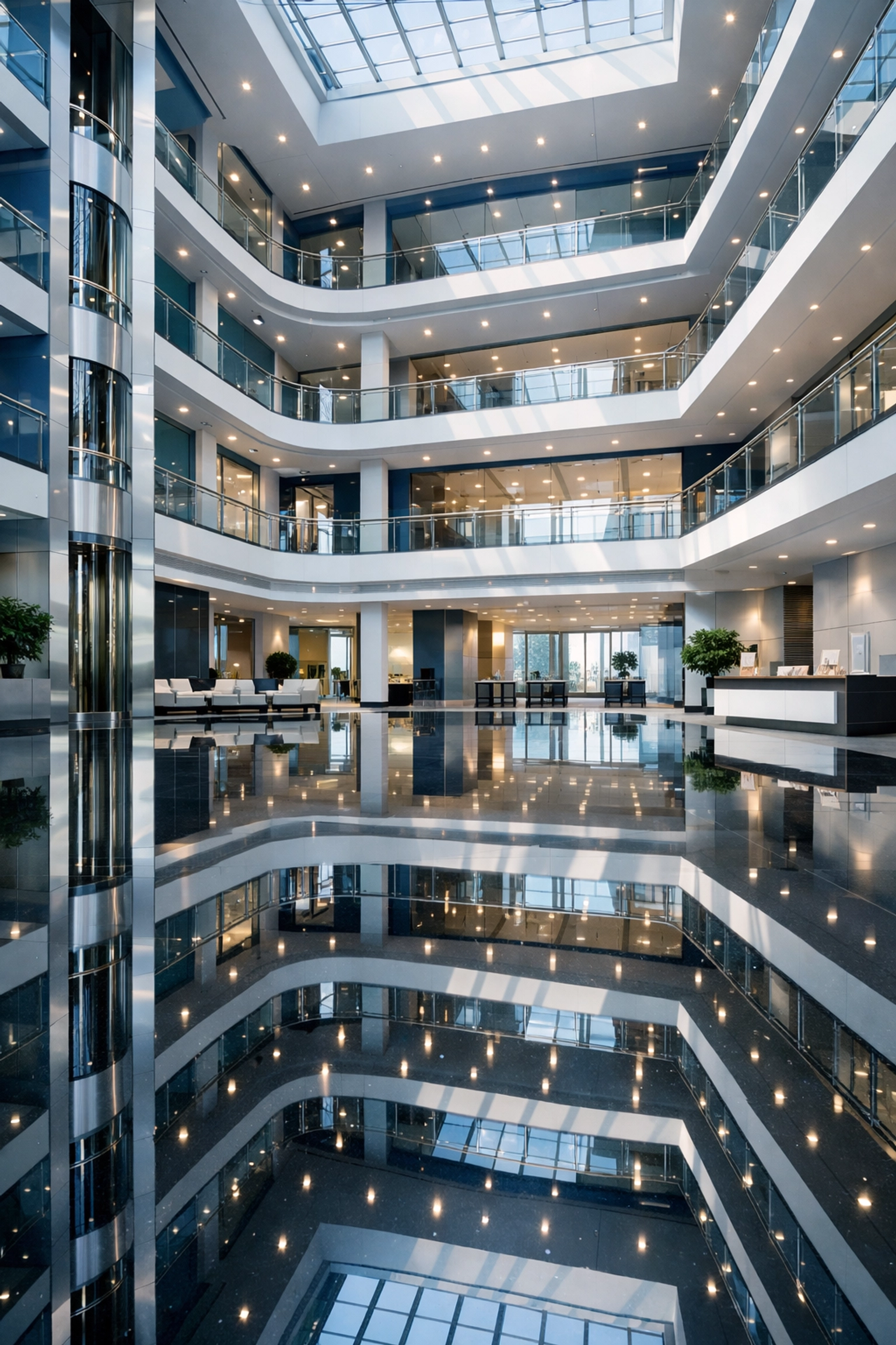 Impeccably clean corporate atrium with polished floors reflecting Framingham office cleaning excellence.