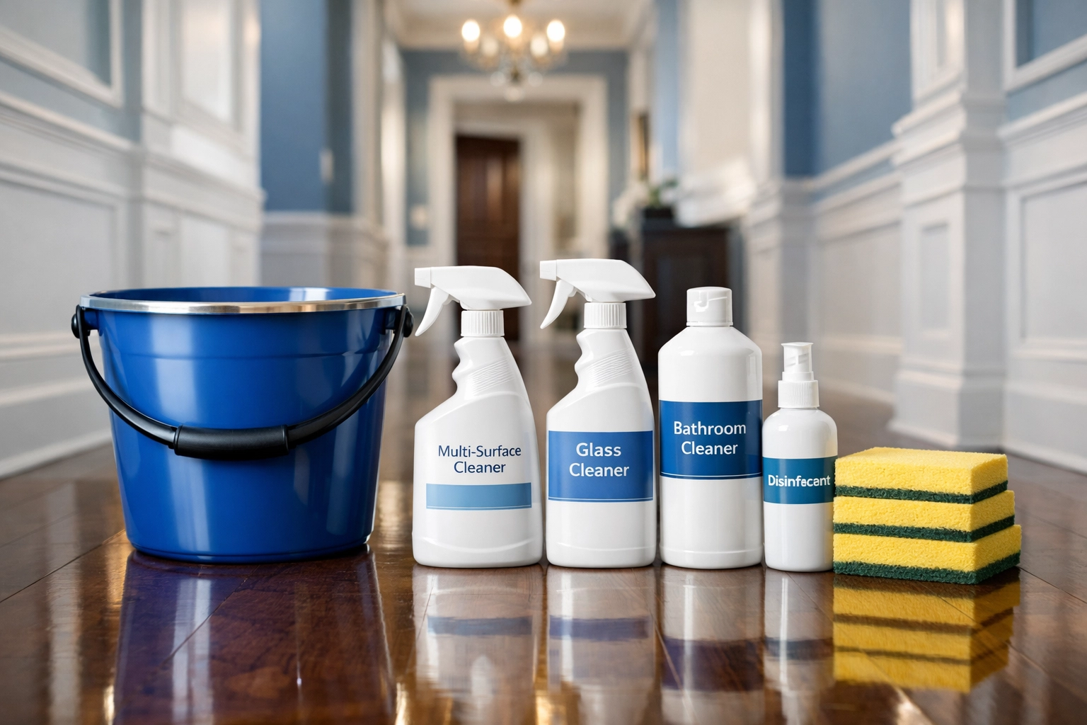 Professional house cleaning supplies arranged on a polished floor for a reliable move-out cleaning in Wellfleet.