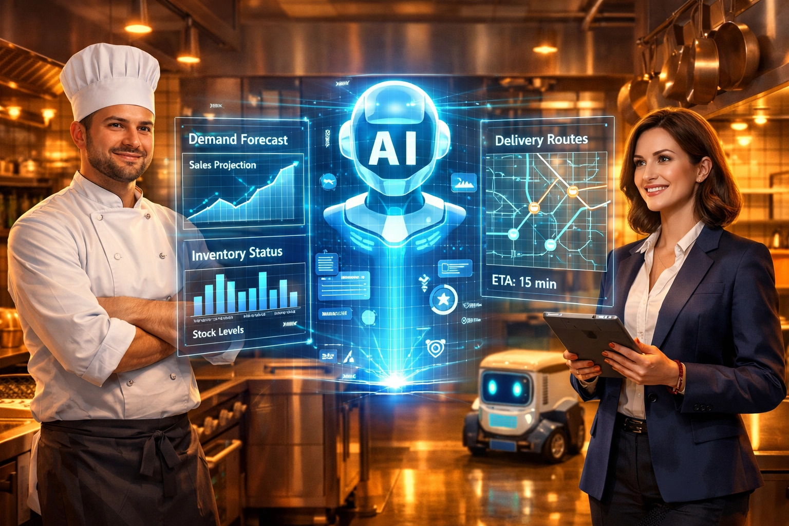 AI-powered restaurant kitchen with chef and manager using real-time demand forecasting technology