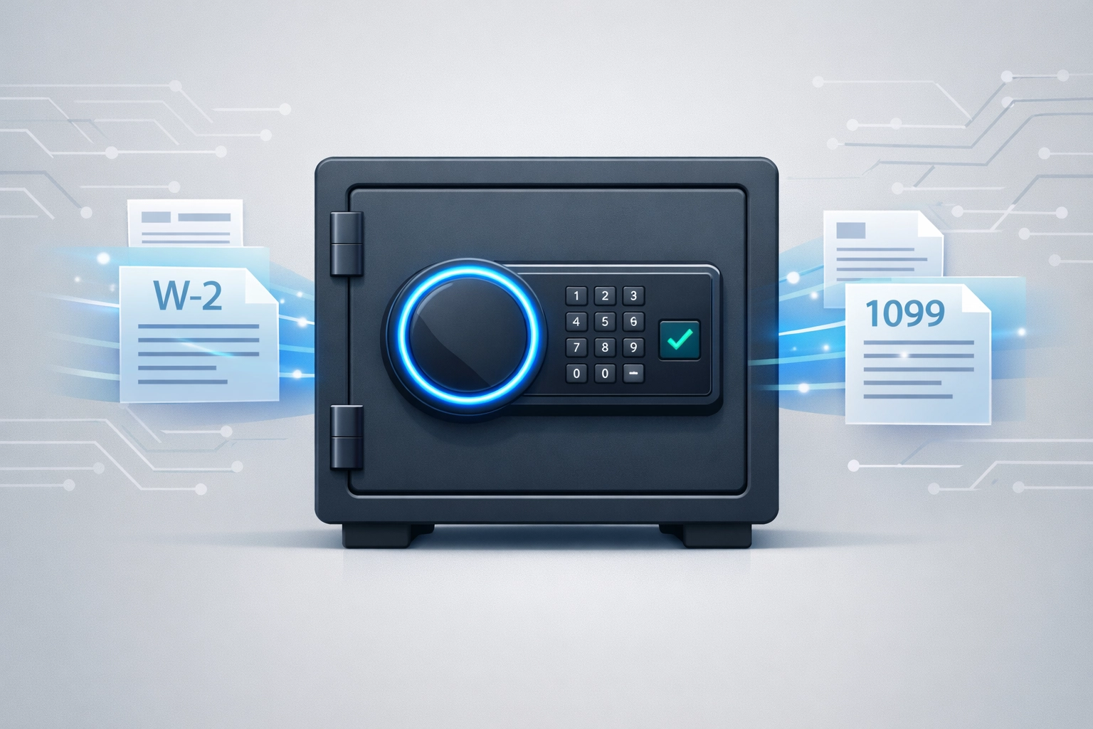 Secure digital vault protecting W-2 and 1099 tax forms for safe virtual tax preparation.
