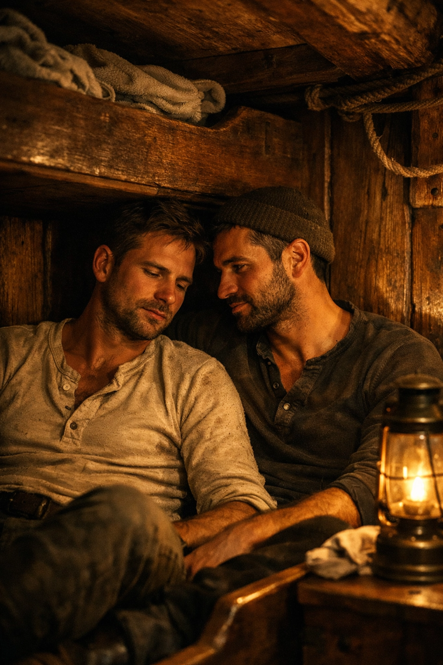 Intimate scene of two men in a wooden ship bunk, reflecting the themes of gay historical romance at sea.