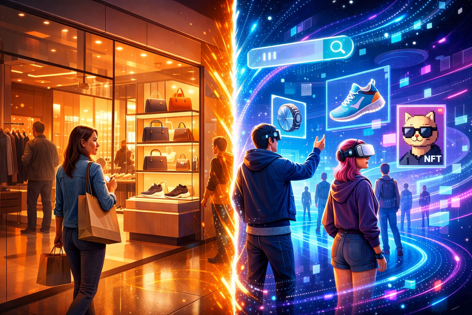 Metaverse retail space blending physical and digital commerce with NFT and crypto payment integration