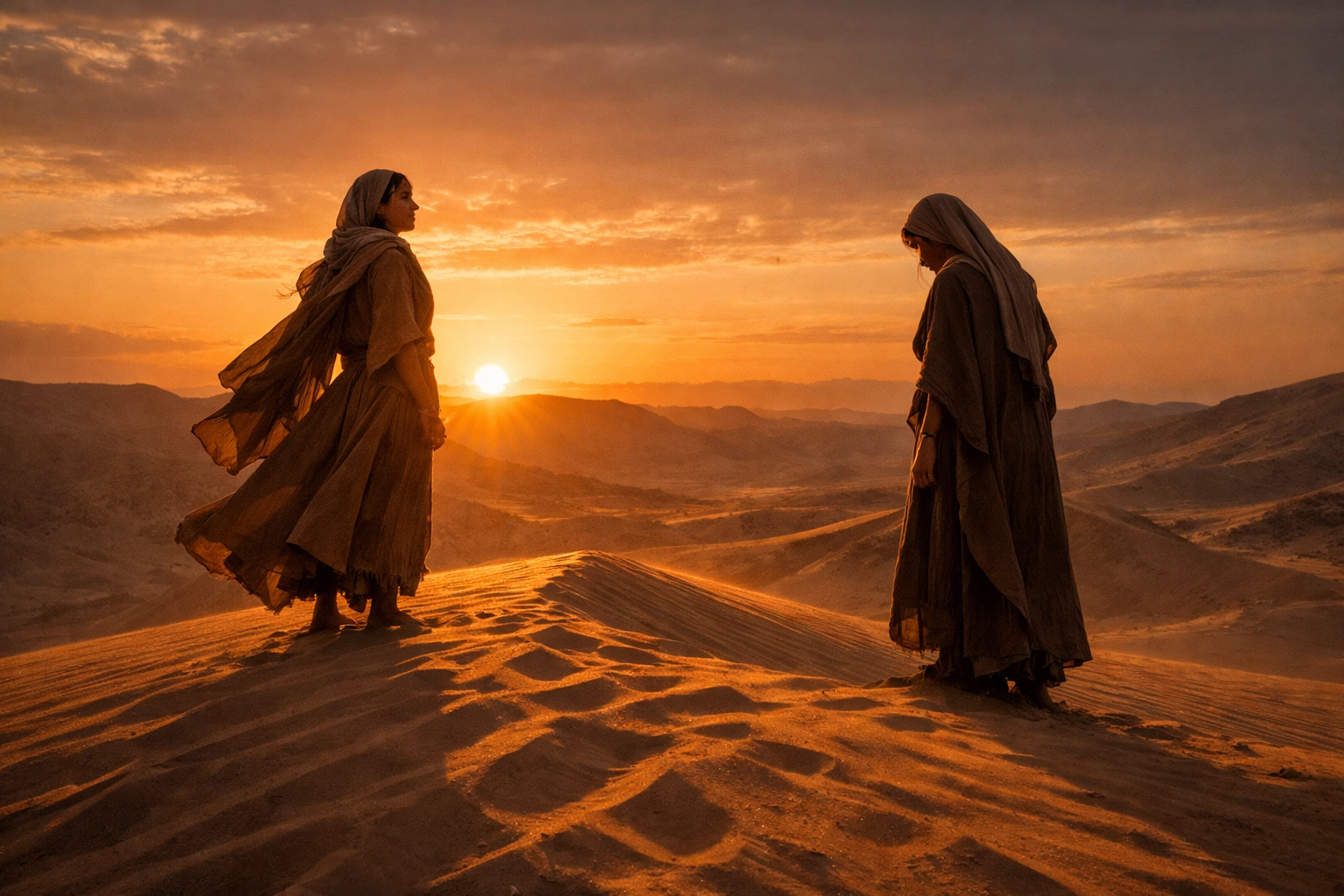 Biblical women Sarah and Hagar standing together in the Judean desert wilderness.